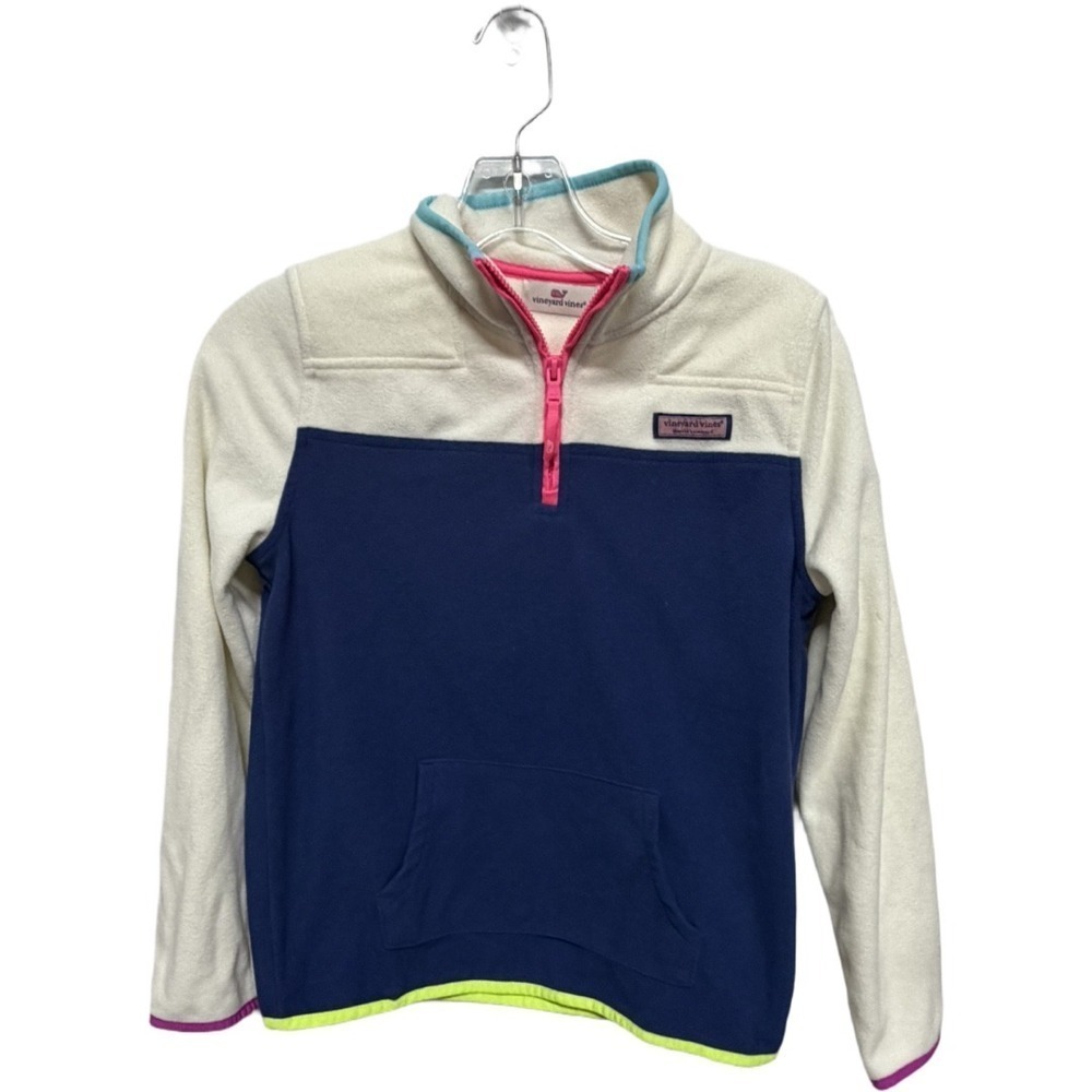 Vineyard Vines 1/4 Zip White Blue Fleecr Jacket Girls Large (14) Preppy Winter